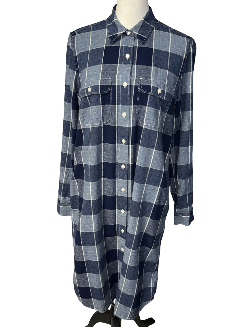 Lands' End Women's Button Down Plaid Shirt Dress Long Sleeve Blue Medium Tall
